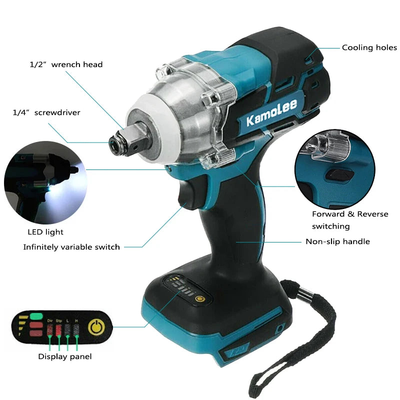 Kamolee 520 N.M Torque DTW285 Brushless Electric Impact Wrench 1/2 In Lithium-Ion Battery Apply to 18V 21V Battery